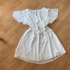 White dress bridal dinner flowy angel bell sleeves, tie waist v neck